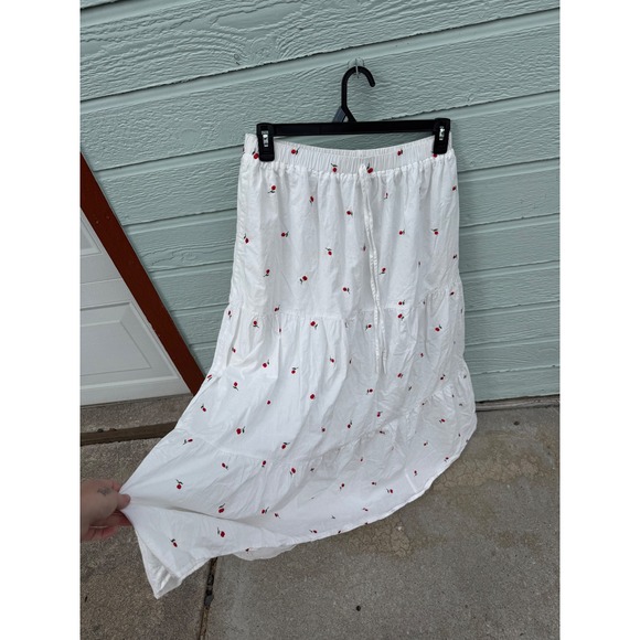 Cider Dresses & Skirts - Cider White Cherry Embroidered Tiered Maxi Skirt Cottagecore Coquette Cotton XL